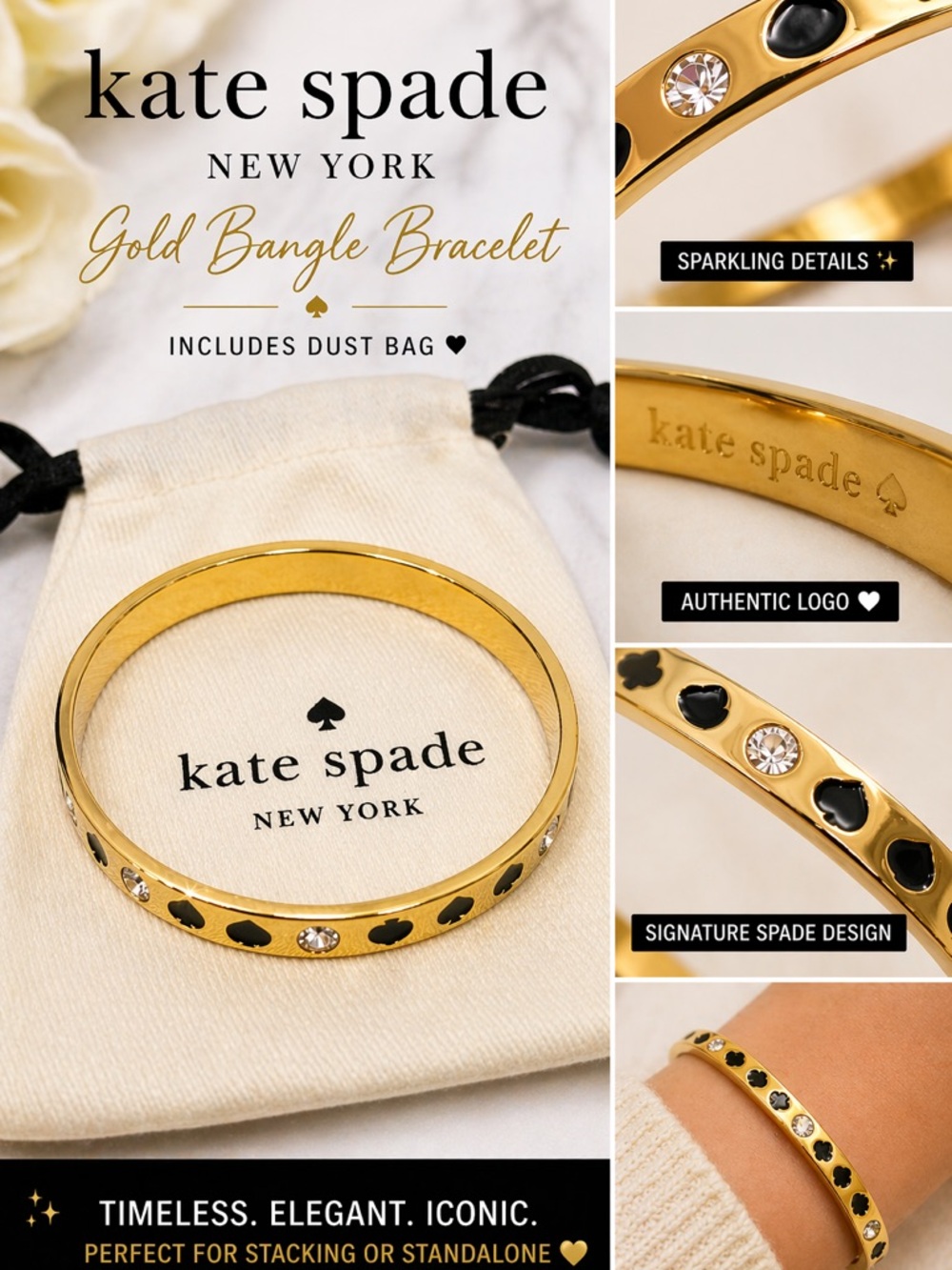 Kate Spade Gold Bangle Bracelet with Spade and Rhinestone Details - Dust Bag